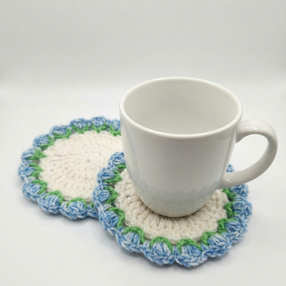 Handcrafted Blue and Green Crochet Coaster Set Of 2
